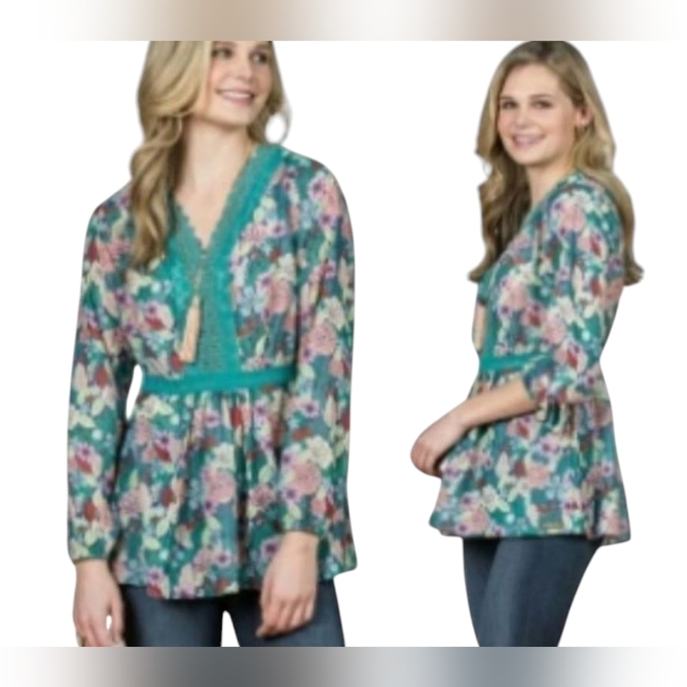Matilda Jane Top Floral Lace Blouse Women's Size M Blue Green Pink Multi